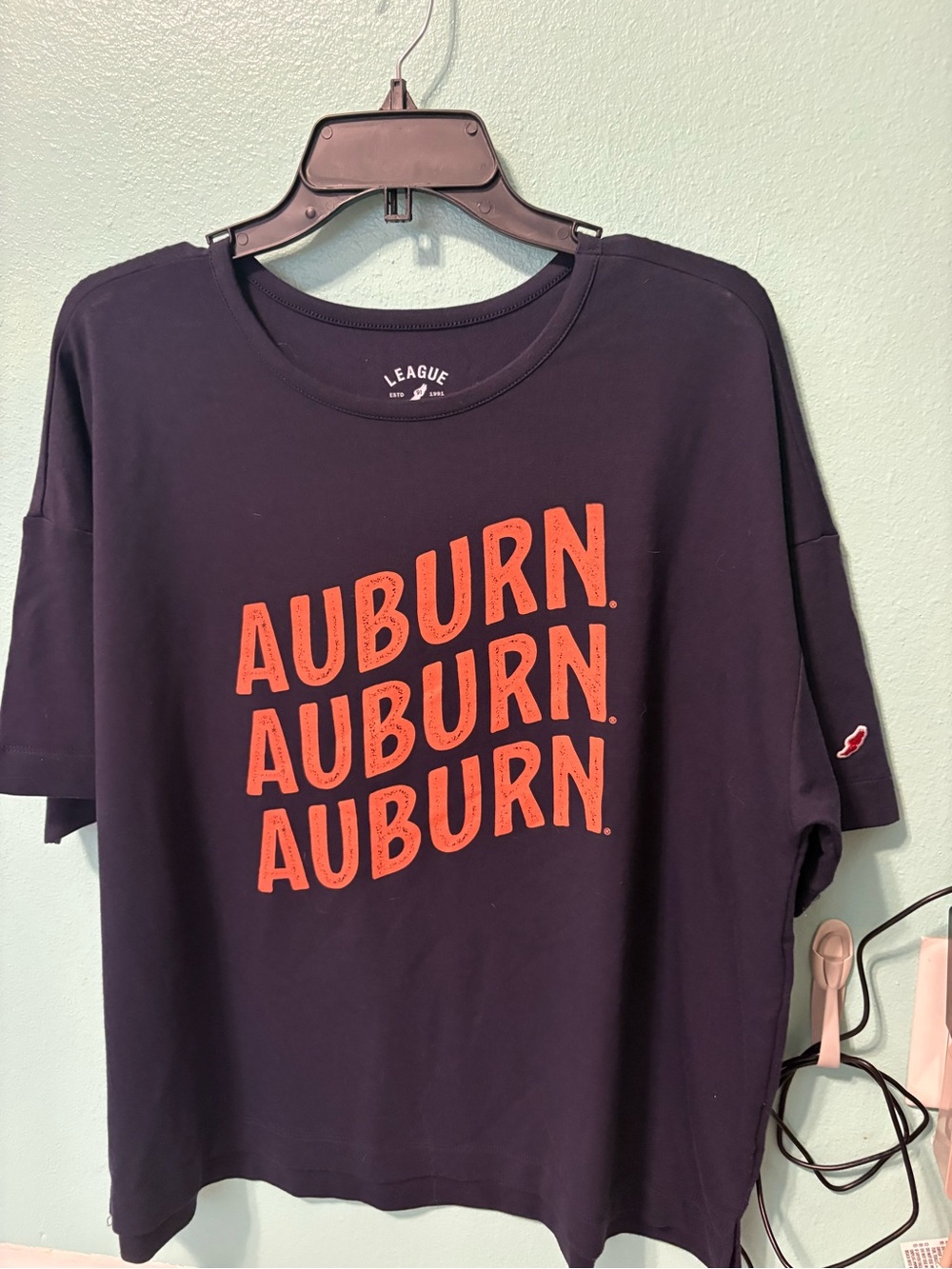 League Navy T-Shirt with Orange Auburn Repeat Print